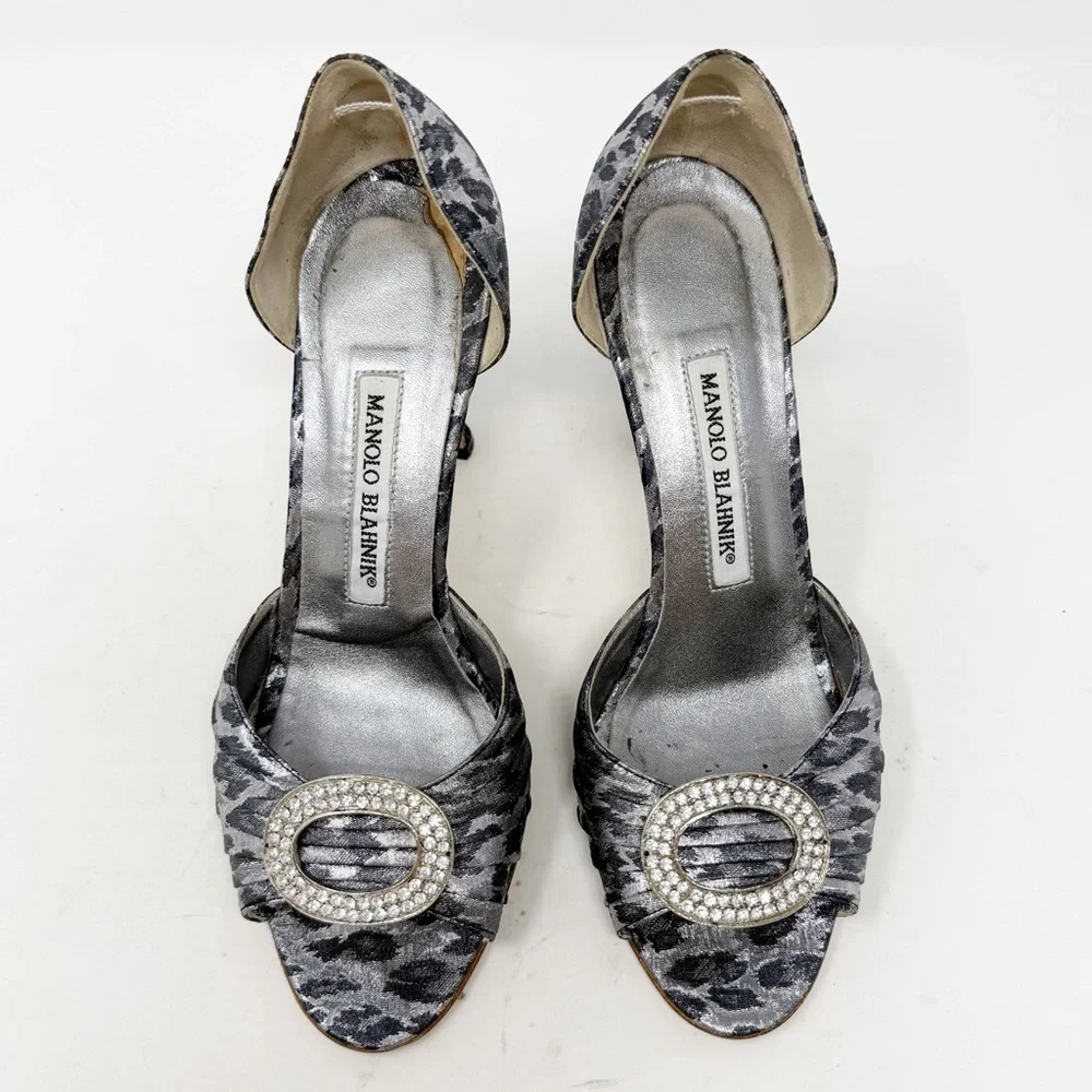 Manolo Blahnik Sedaraby Crystal Buckle Leopard Print D’Orsay Heels Women EU 36.5